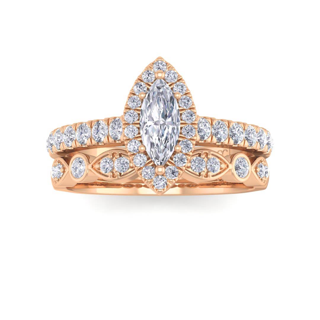 9k Rose Gold 0.33ct Marquise Diamond Halo Bridal Set 0.83tdw