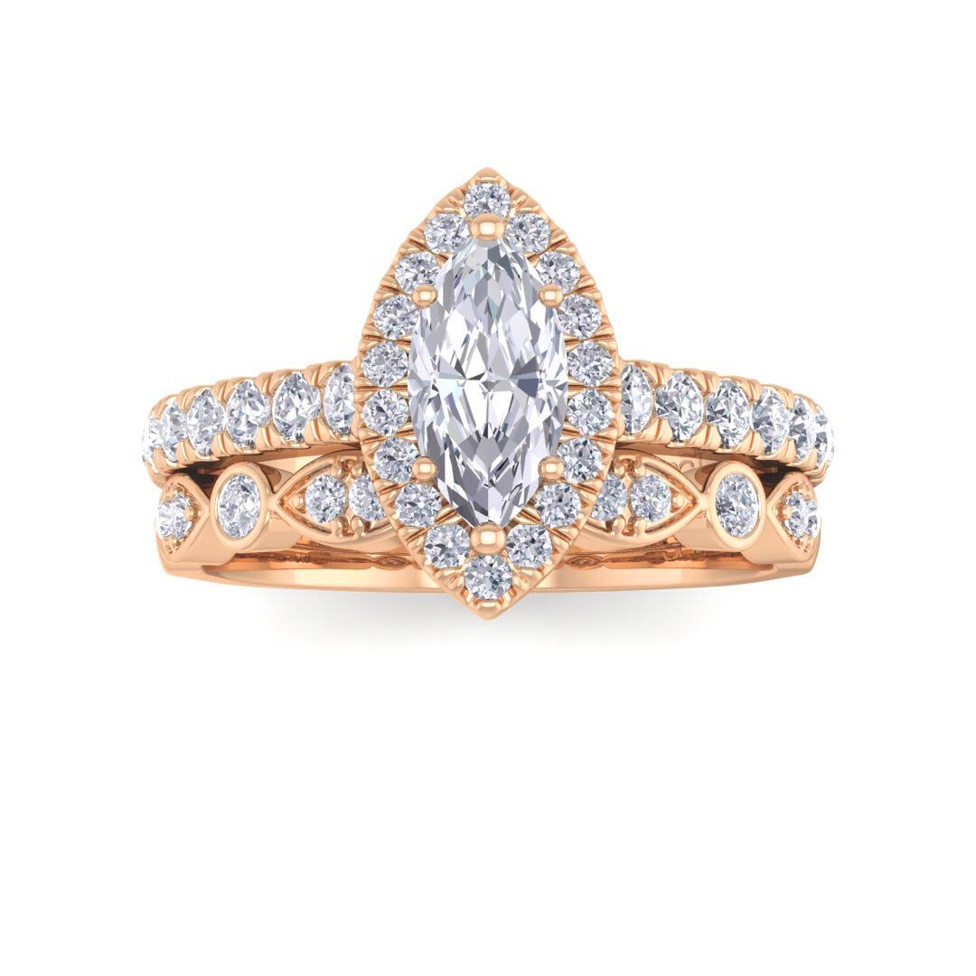 9k Rose Gold 0.5ct Marquise Diamond Halo Bridal Set 1.0tdw