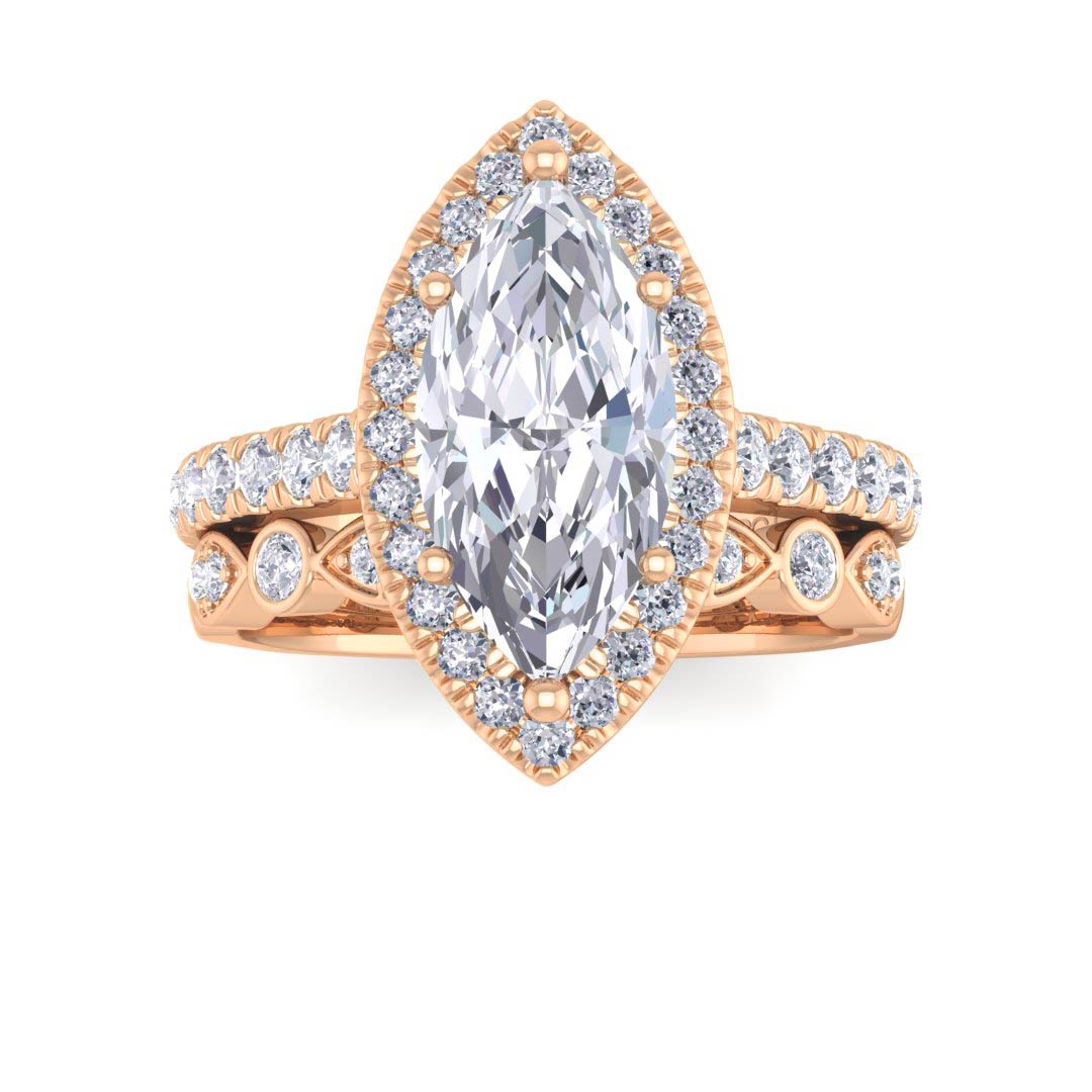 9k Rose Gold 2.0ct Marquise Diamond Halo Bridal Set 2.5tdw