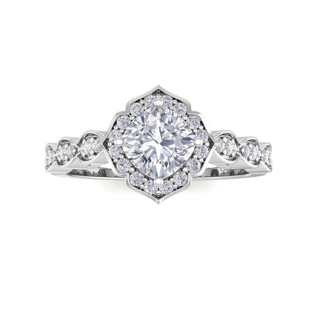 14k White Gold 0.75ct Cushion Cut Diamond Halo Vintage Inspired Bridal Set 1.05tdw
