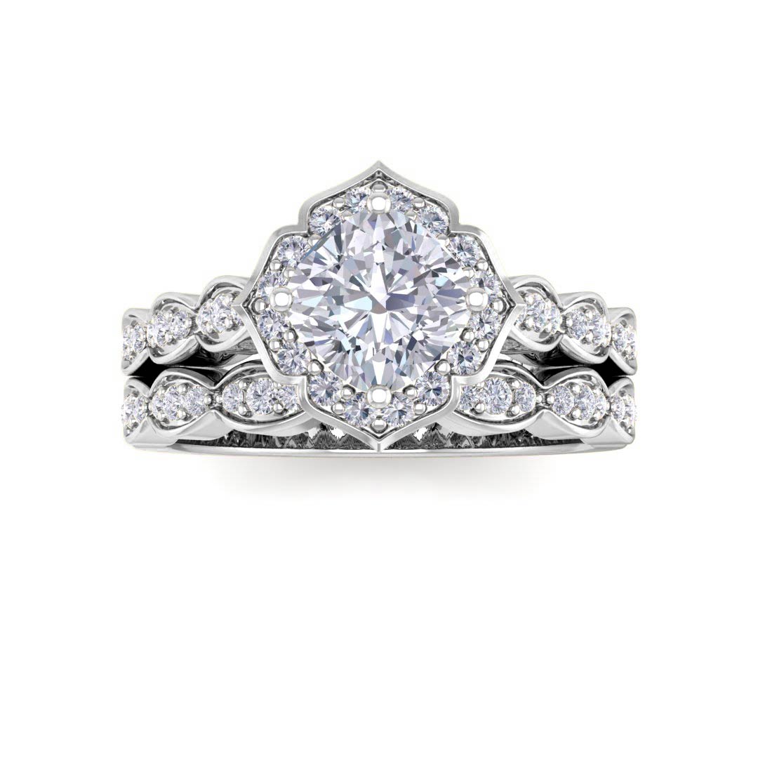 Platinum 1.0ct Cushion Cut Moissanite Halo Vintage Inspired Bridal Set 0.3tdw