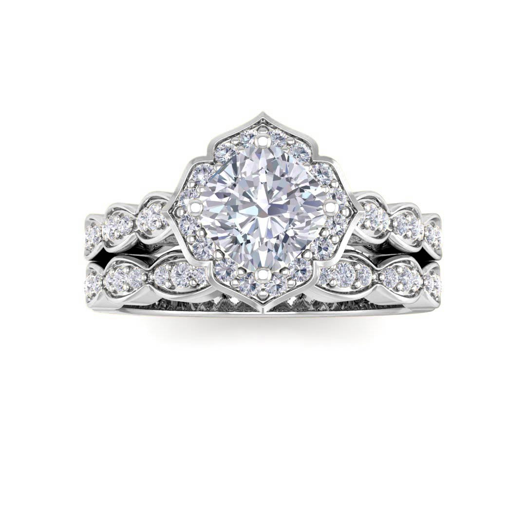 9k White Gold 1.0ct Cushion Cut Diamond Halo Vintage Inspired Bridal Set 1.3tdw