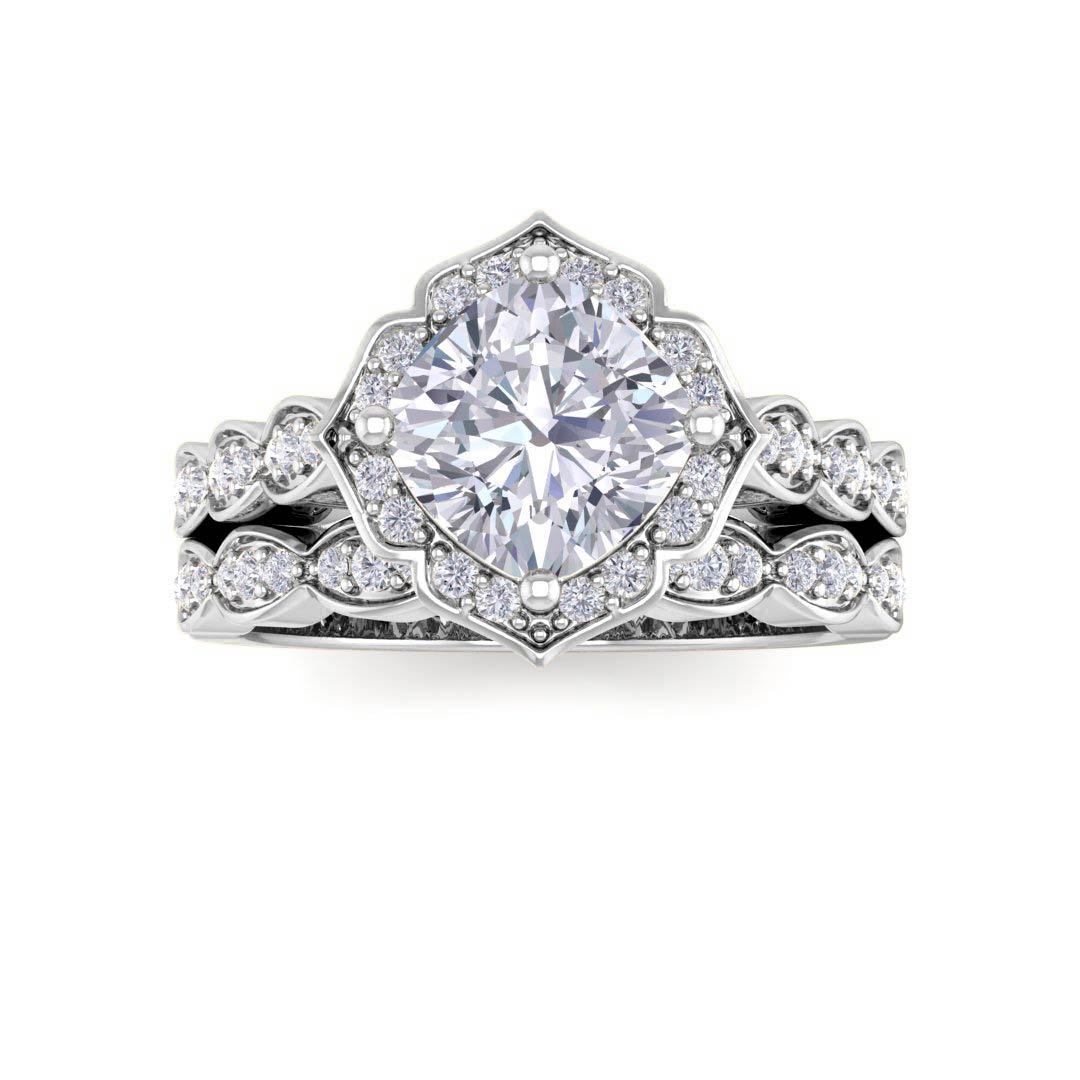 18k White Gold 1.5ct Cushion Cut Diamond Halo Vintage Inspired Bridal Set 1.8tdw