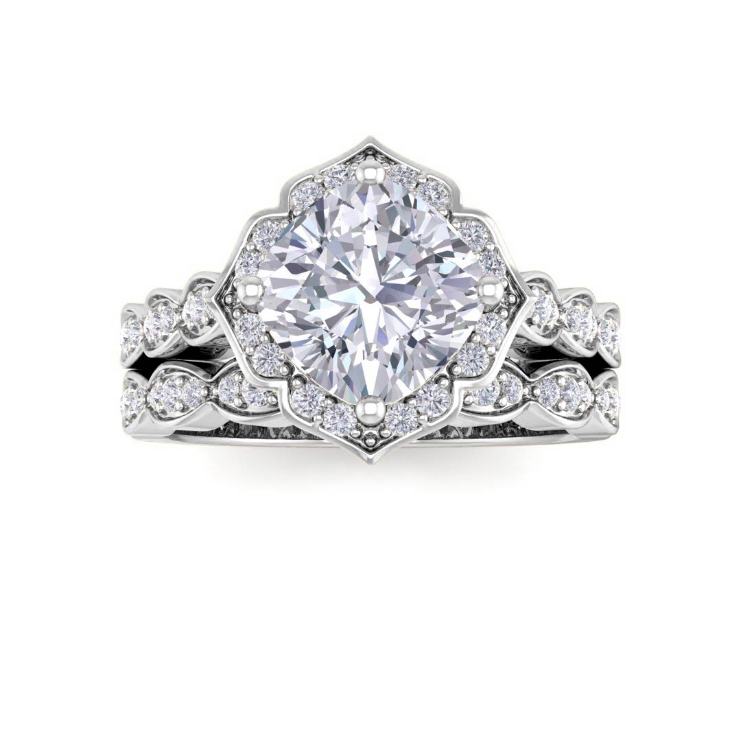 14k White Gold 2.0ct Cushion Cut Diamond Halo Vintage Inspired Bridal Set 2.3tdw
