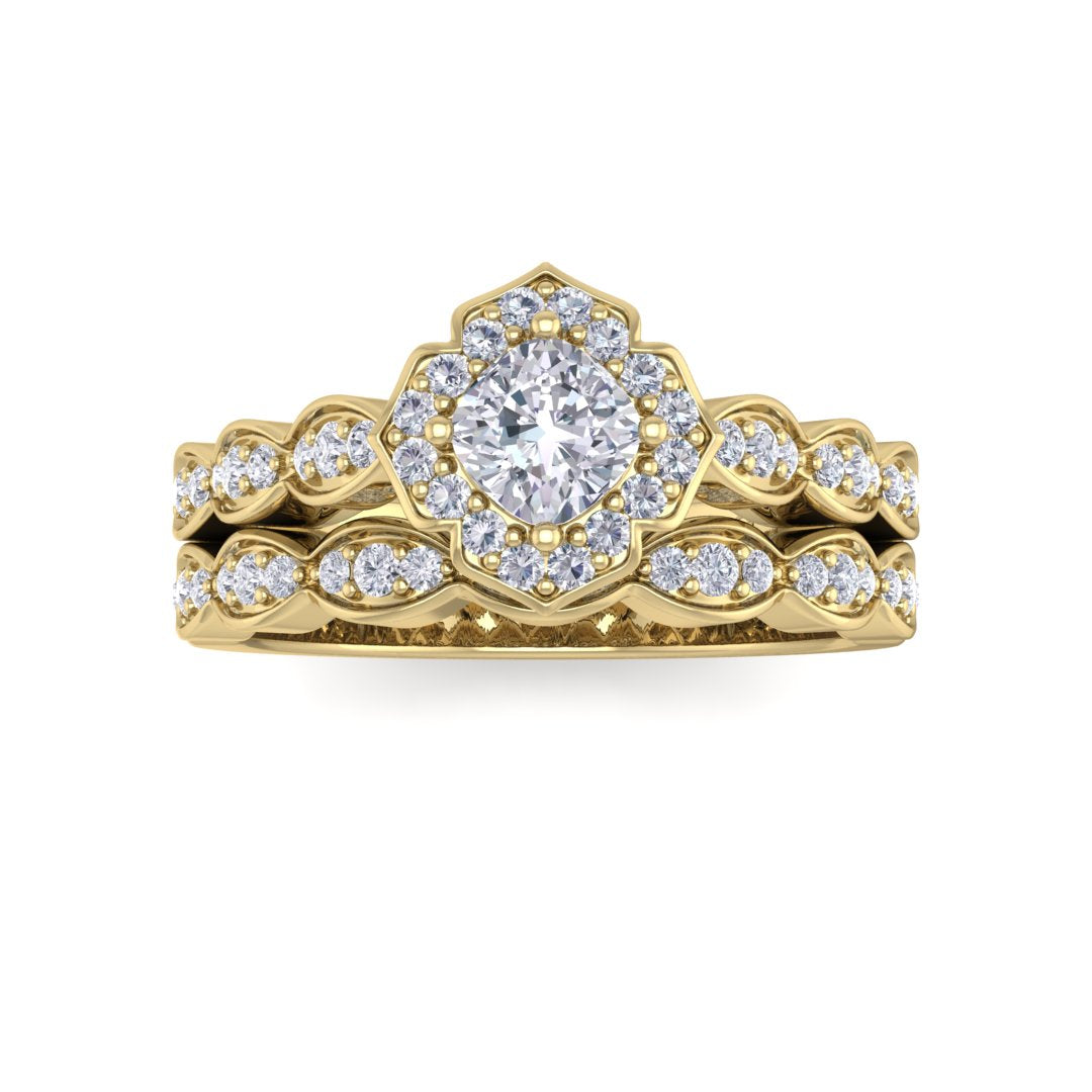 9k Yellow Gold 0.33ct Cushion Cut Diamond Halo Vintage Inspired Bridal Set 0.63tdw