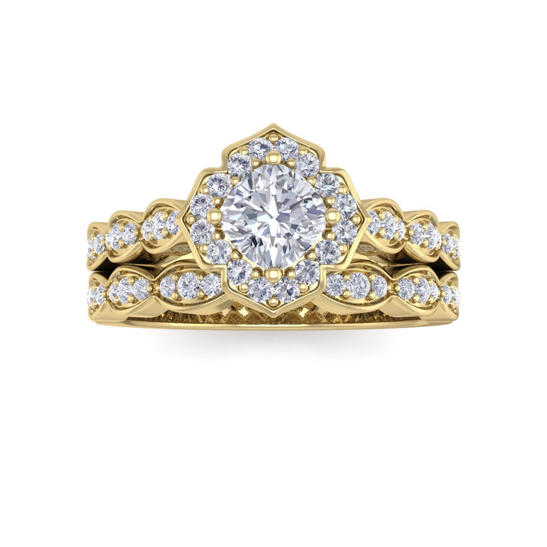 14k Yellow Gold 0.5ct Cushion Cut Diamond Halo Vintage Inspired Bridal Set 0.8tdw