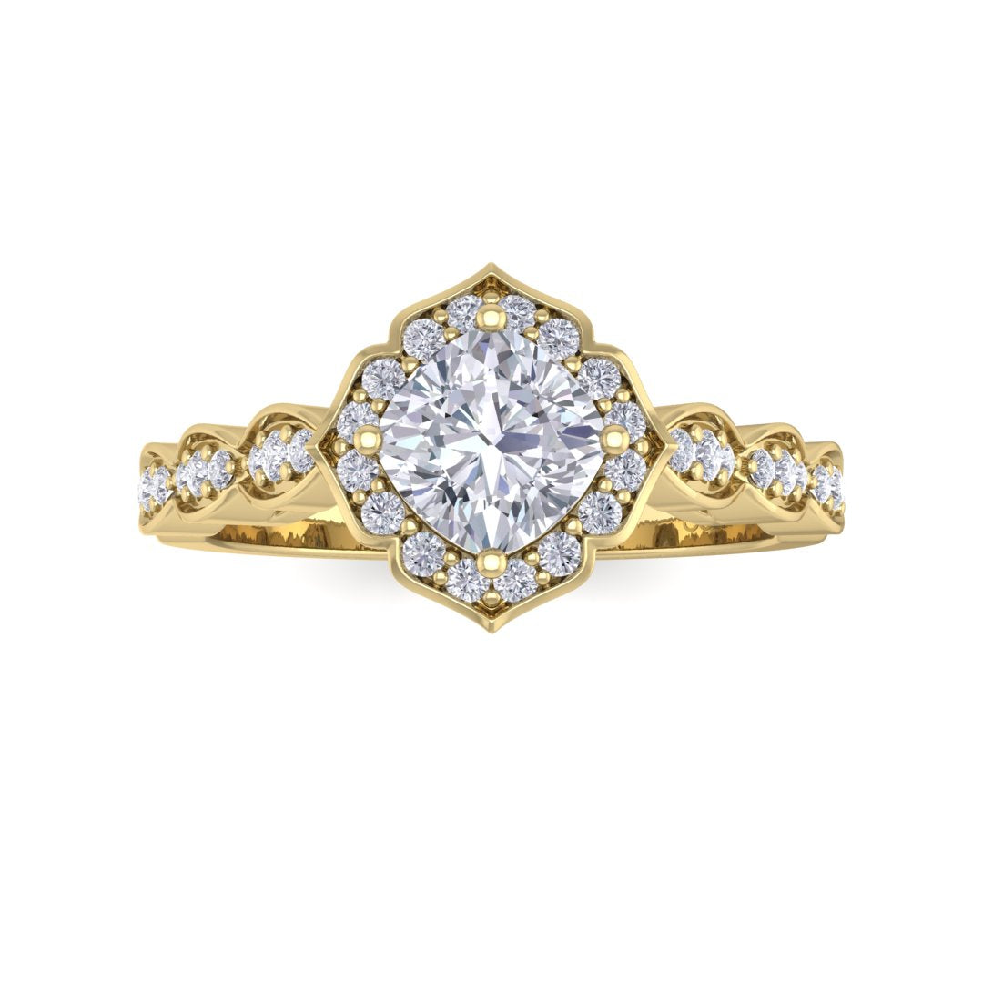 14k Yellow Gold 0.75ct Cushion Cut Diamond Halo Vintage Inspired Bridal Set 1.05tdw