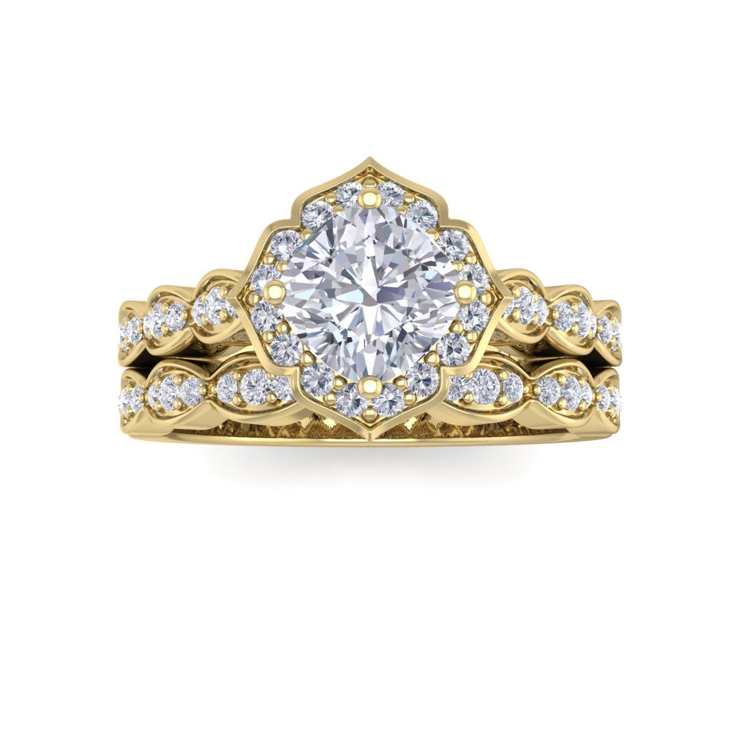 9k Yellow Gold 1.0ct Cushion Cut Diamond Halo Vintage Inspired Bridal Set 1.3tdw