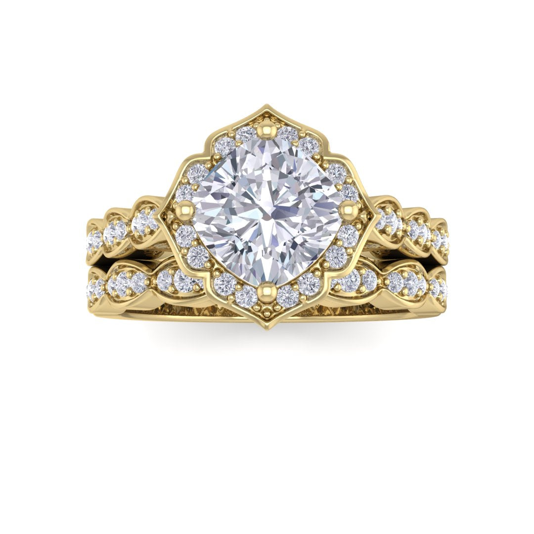9k Yellow Gold 1.5ct Cushion Cut Diamond Halo Vintage Inspired Bridal Set 1.8tdw