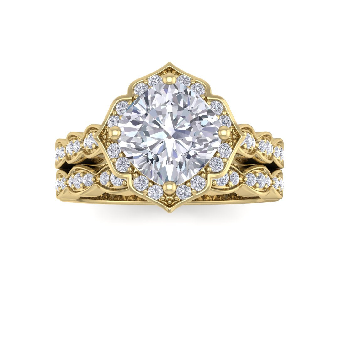 18k Yellow Gold 2.0ct Cushion Cut Diamond Halo Vintage Inspired Bridal Set 2.3tdw
