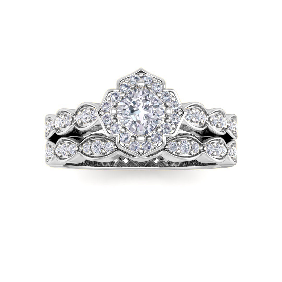 18k White Gold 0.33ct Cushion Cut Diamond Halo Vintage Inspired Bridal Set 0.63tdw