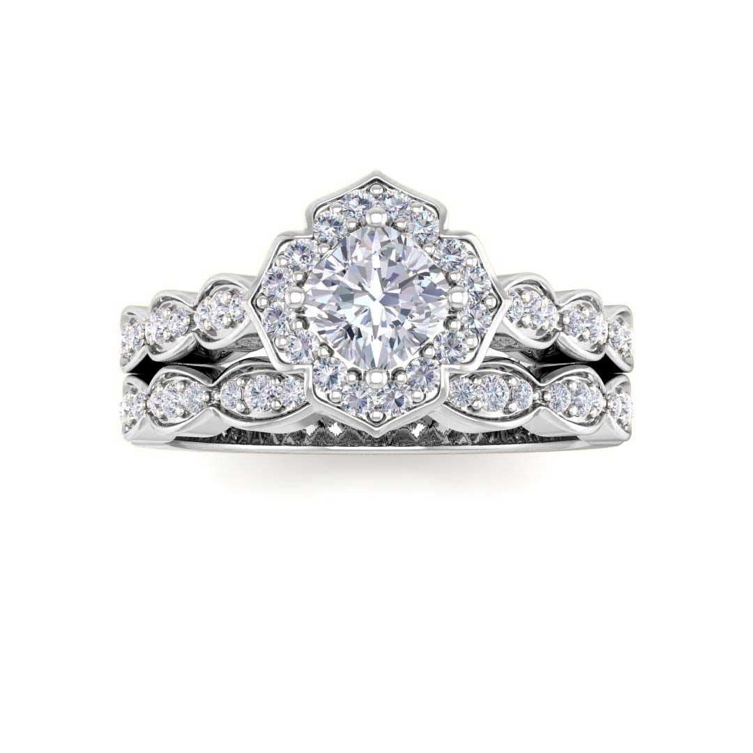 18k White Gold 0.5ct Cushion Cut Diamond Halo Vintage Inspired Bridal Set 0.8tdw