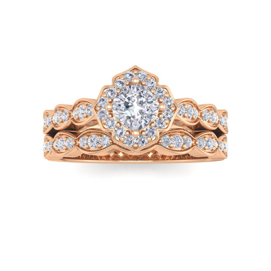14k Rose Gold 0.33ct Cushion Cut Diamond Halo Vintage Inspired Bridal Set 0.63tdw