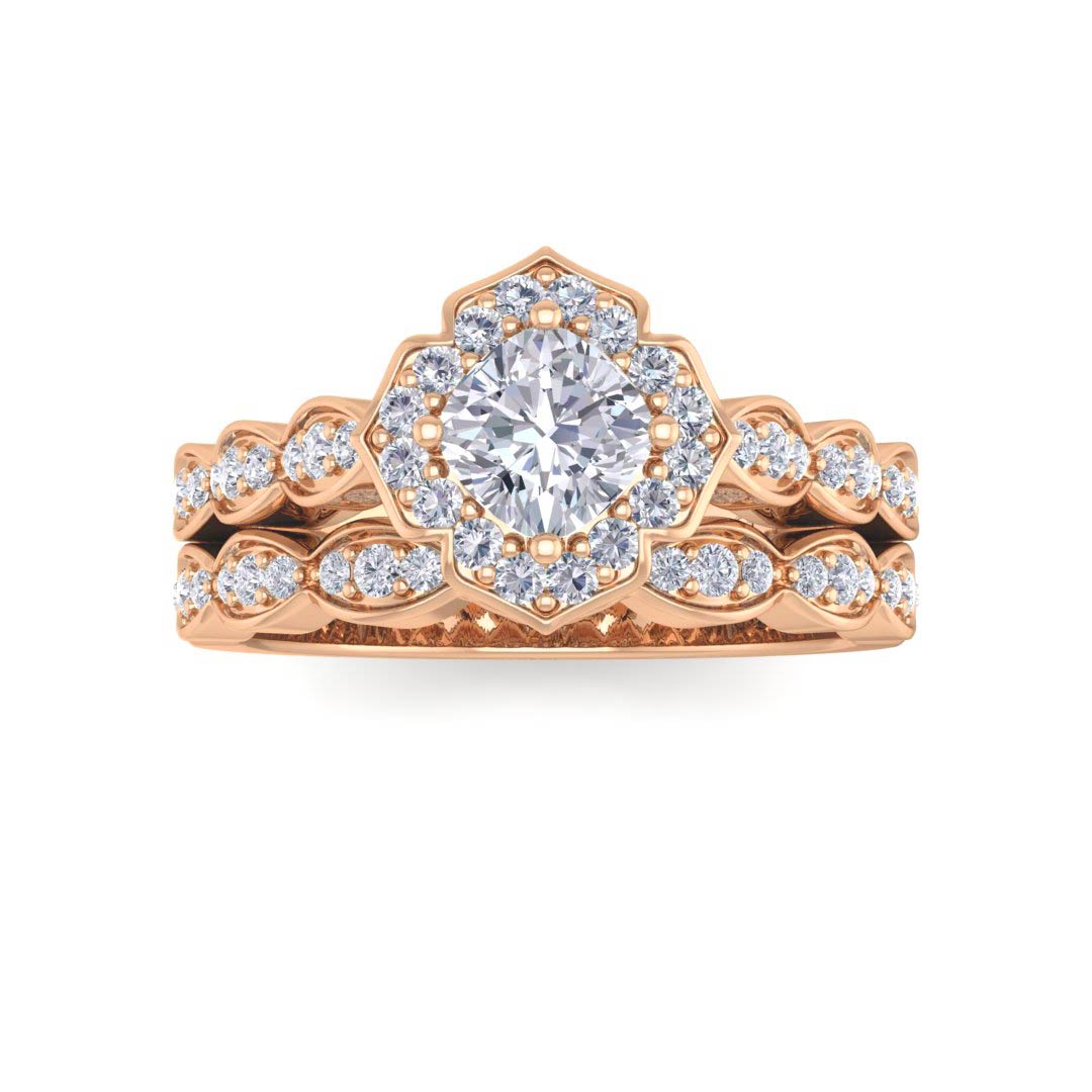 14k Rose Gold 0.5ct Cushion Cut Diamond Halo Vintage Inspired Bridal Set 0.8tdw