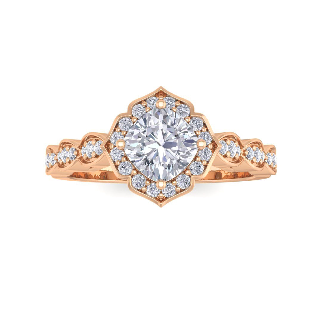 9k Rose Gold 0.75ct Cushion Cut Diamond Halo Vintage Inspired Bridal Set 1.05tdw