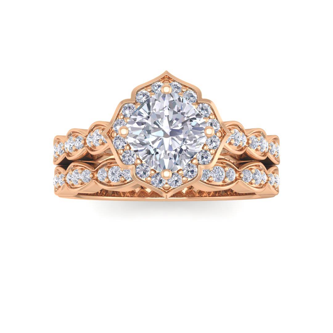 14k Rose Gold 1.0ct Cushion Cut Diamond Halo Vintage Inspired Bridal Set 1.3tdw