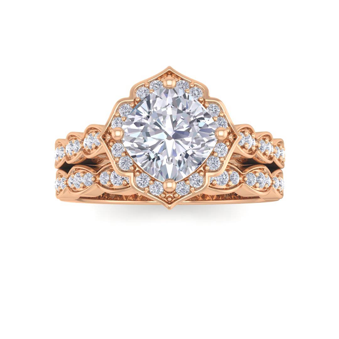 18k Rose Gold 1.5ct Cushion Cut Diamond Halo Vintage Inspired Bridal Set 1.8tdw
