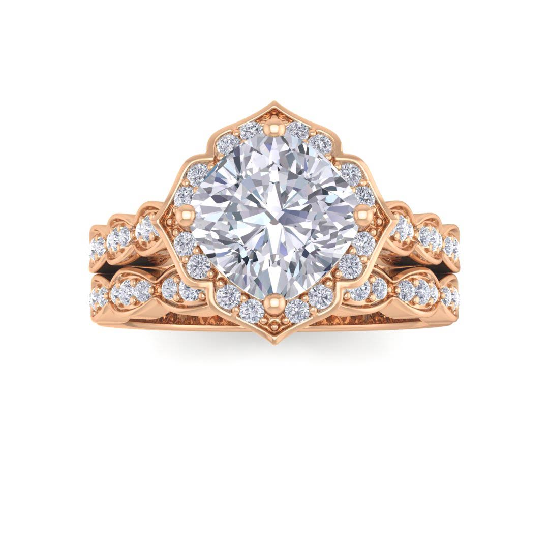 9k Rose Gold 2.0ct Cushion Cut Diamond Halo Vintage Inspired Bridal Set 2.3tdw