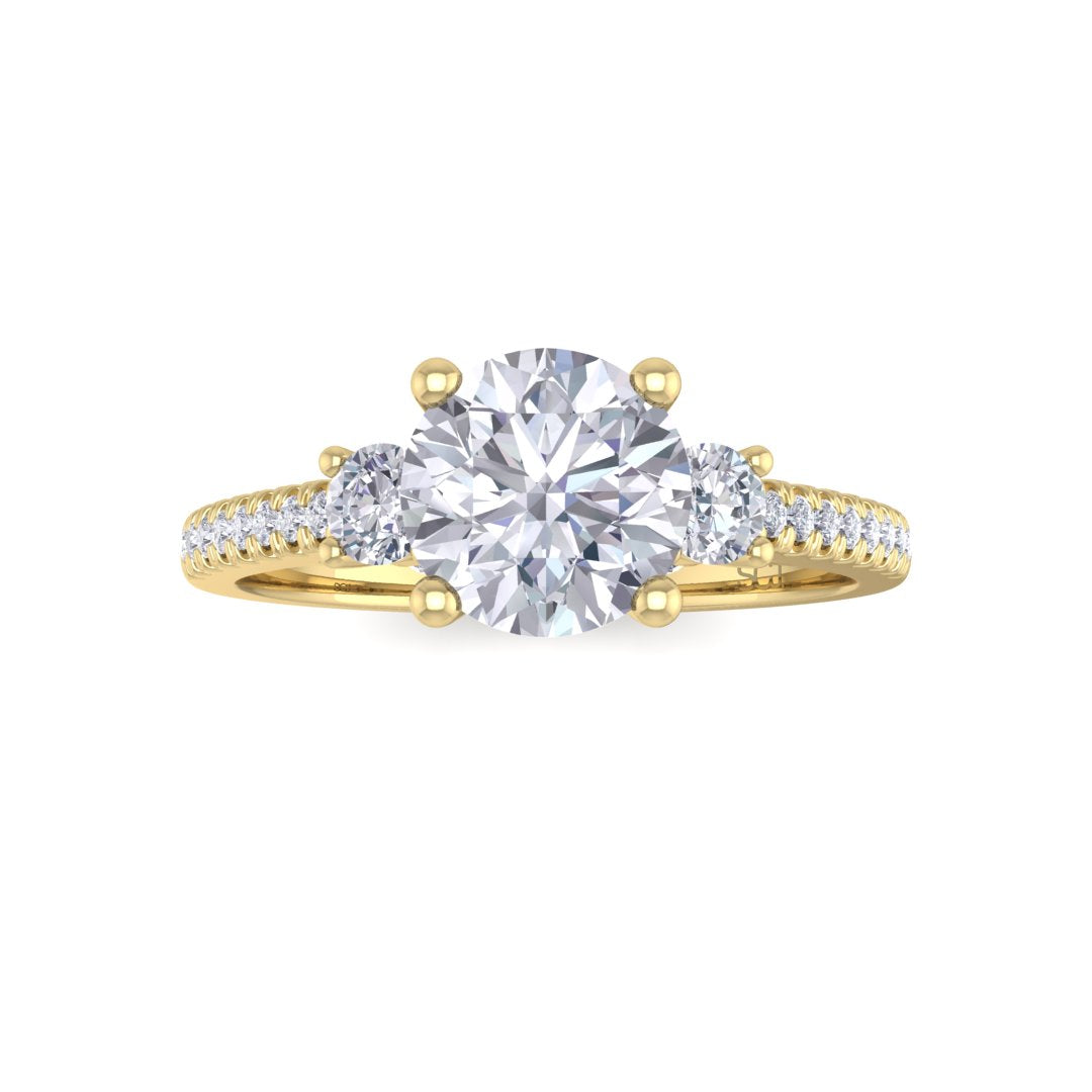 9k Yellow Gold 1.0ct Round Brilliant Lab Diamond Trilogy Shoulders Engagement Ring 1.3tdw