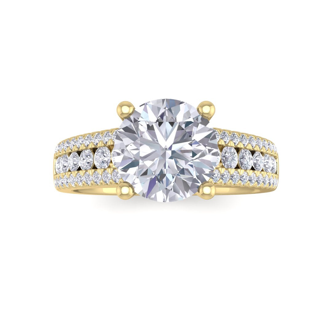 9k Yellow Gold 0.75ct Round Brilliant Moissanite Solitaire with Accent Shoulders Engagement Ring 0.5tdw