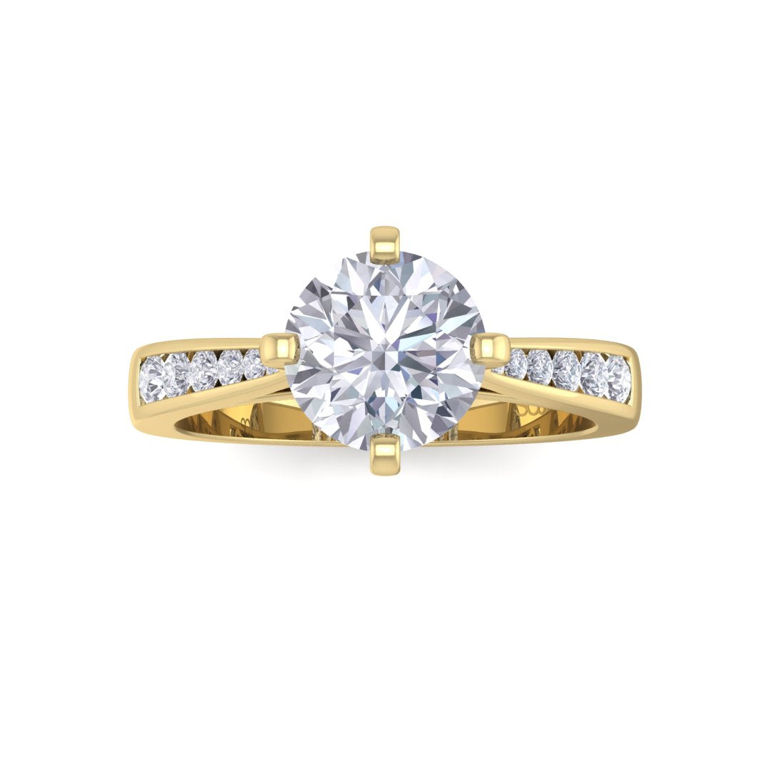 14k Yellow Gold 1.0ct Round Brilliant Moissanite Solitaire With Channel Shoulders Engagement Ring 0.2tdw