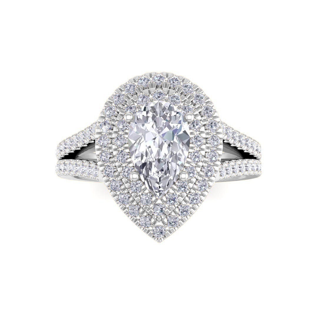 14k White Gold 1.0ct Pear Lab Diamond Double Halo Engagement Ring 1.5tdw