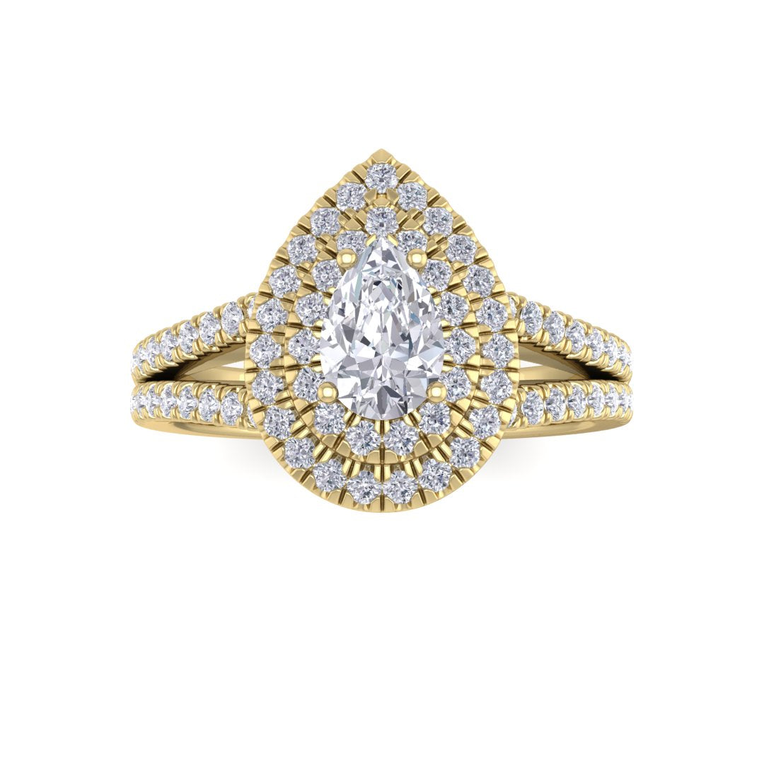 9k Yellow Gold 0.5ct Pear Diamond Double Halo Engagement Ring 1.0tdw