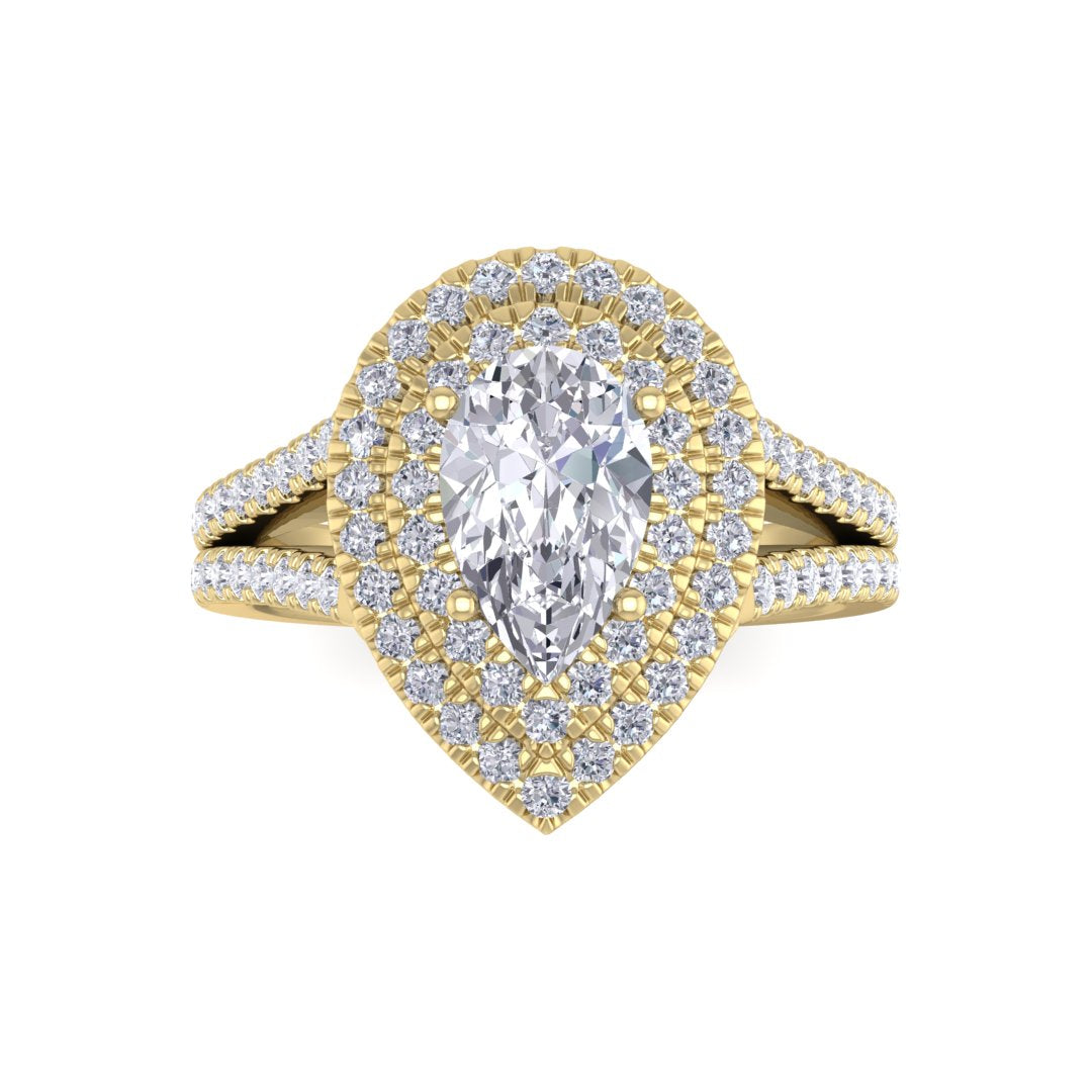 14k Yellow Gold 1.0ct Pear Diamond Double Halo Engagement Ring 1.5tdw