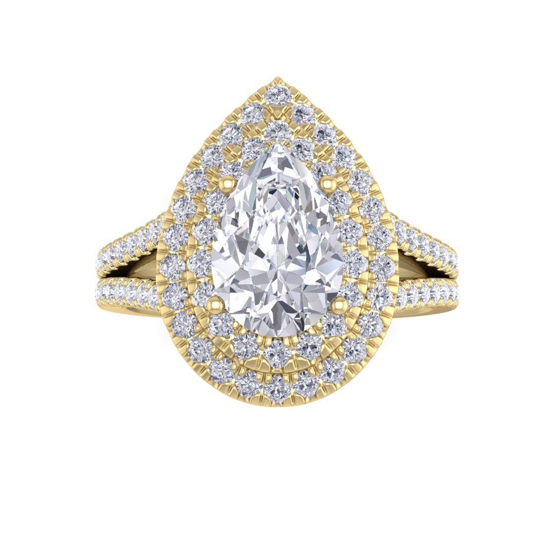 14k Yellow Gold 1.5ct Pear Diamond Double Halo Engagement Ring 2.0tdw