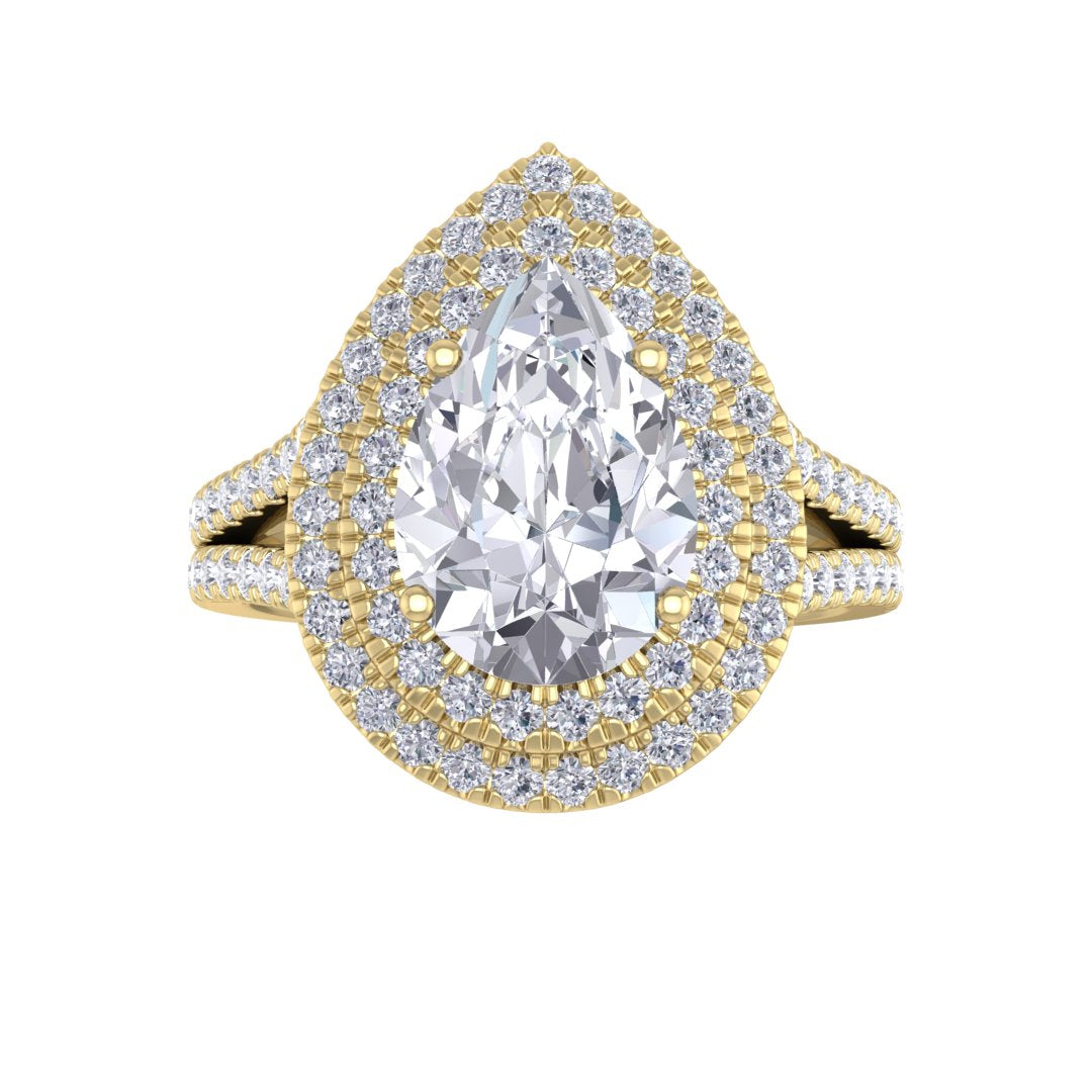 14k Yellow Gold 2.0ct Pear Diamond Double Halo Engagement Ring 2.5tdw