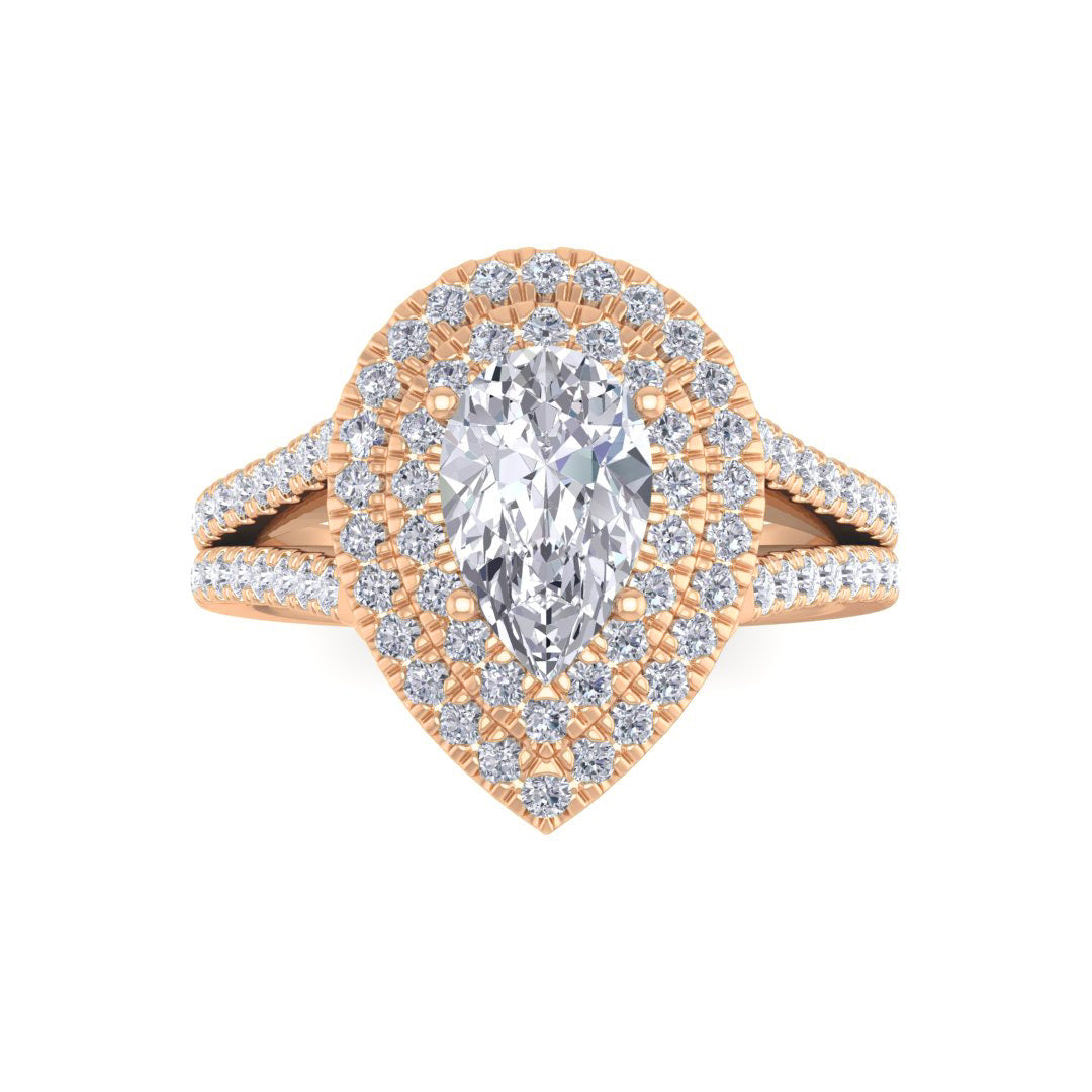 18k Rose Gold 1.0ct Pear Moissanite Double Halo Engagement Ring 0.5tdw