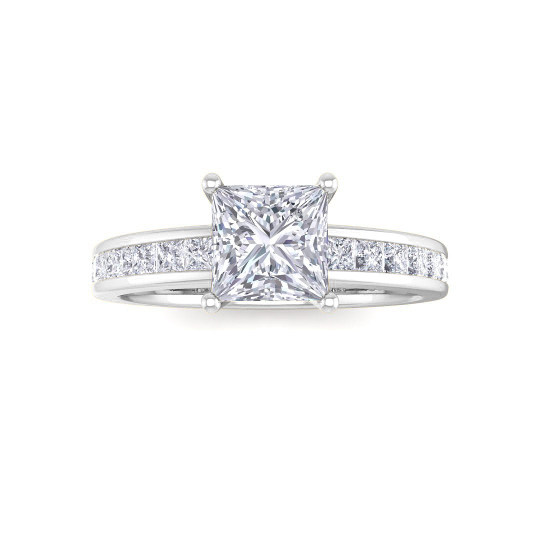 Platinum 0.75ct Princess Cut Moissanite Solitaire with Shoulder Accents Engagement Ring 0.5tdw