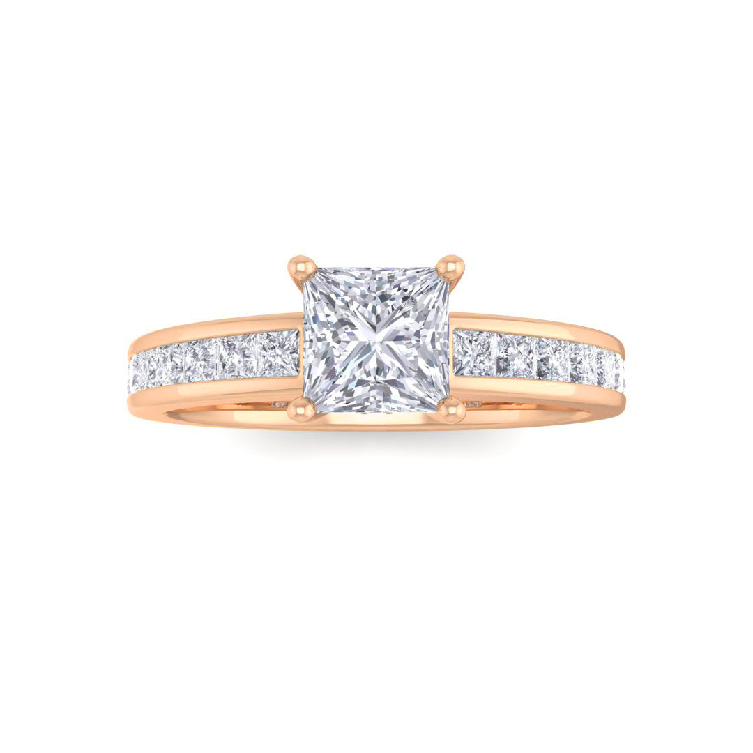 9k Rose Gold 0.5ct Princess Cut Lab Diamond Solitaire with Shoulder Accents Engagement Ring 1.0tdw