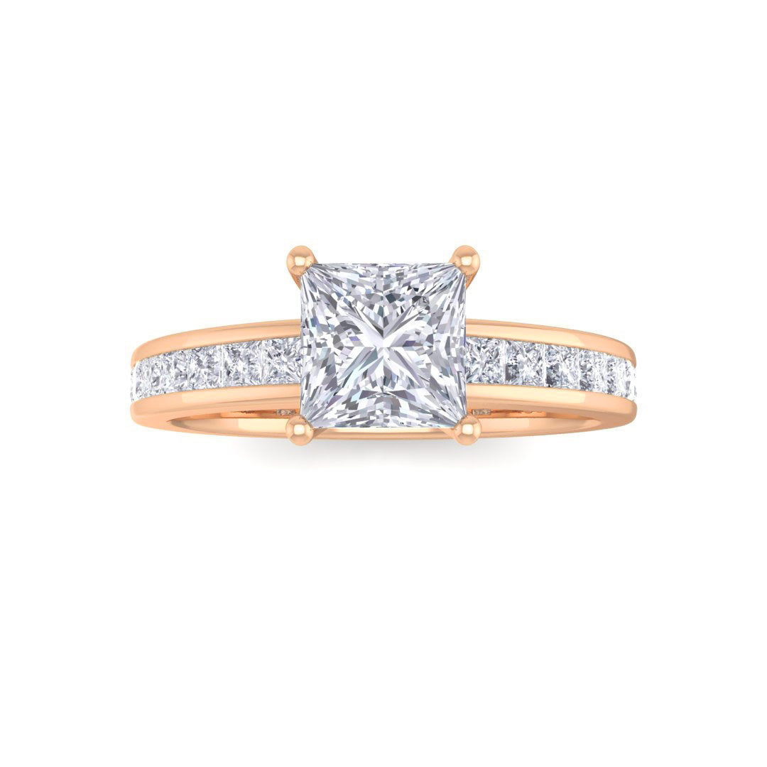 9k Rose Gold 0.75ct Princess Cut Moissanite Solitaire with Shoulder Accents Engagement Ring 0.5tdw