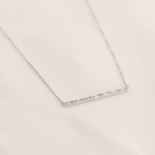 18K White Gold Baguette and Round Brilliant Diamond Bar Necklace