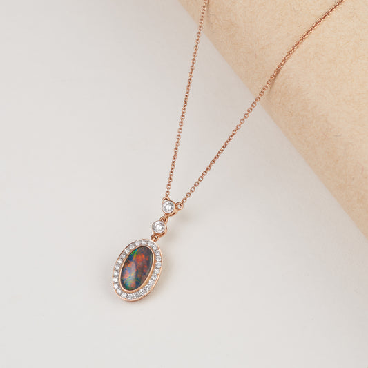 18r oval black opal bezel 0.26tdw diamond halo RB bezel drop pendant + fine chain 45cm adjustable