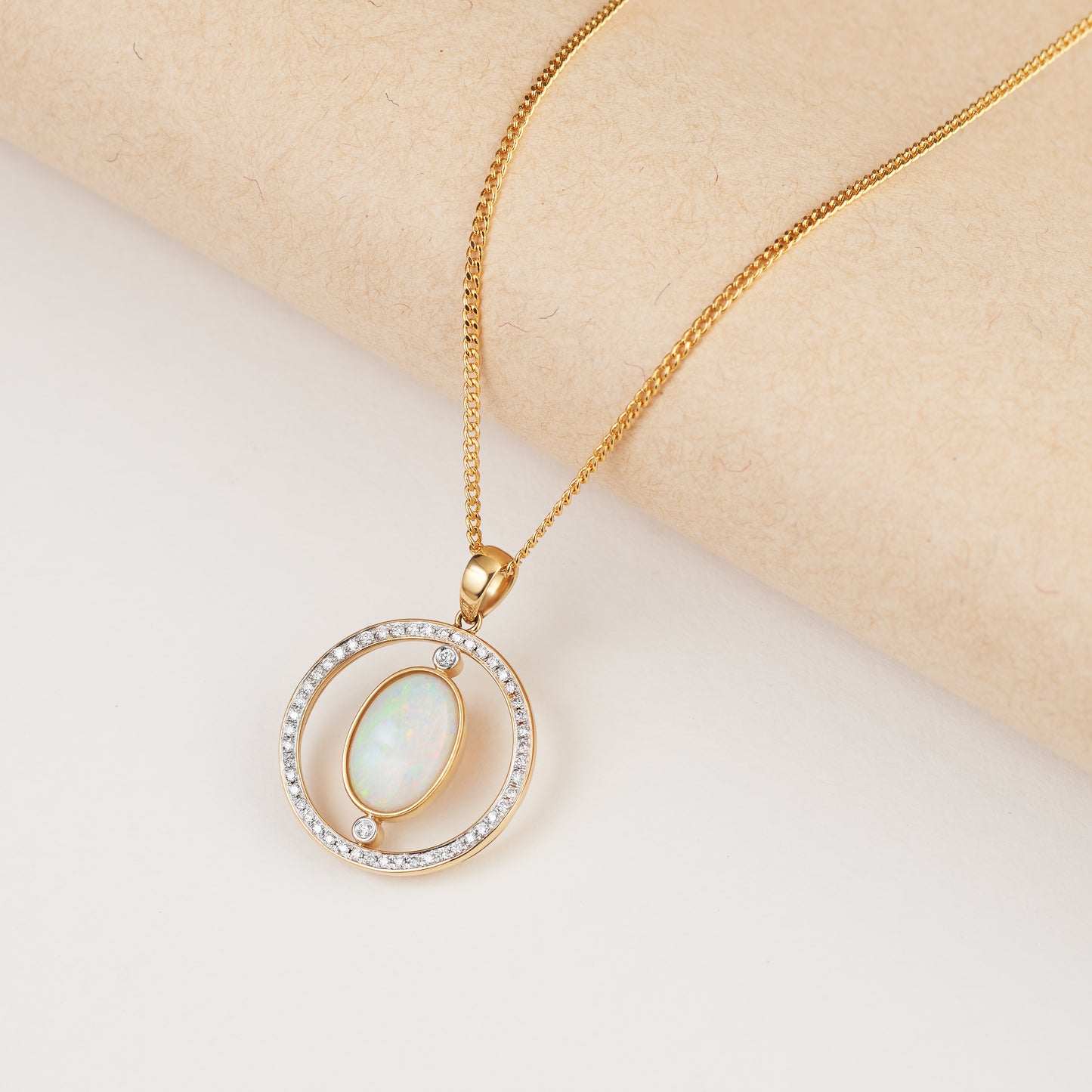 18K Yellow Gold Diamond Circle and White Opal Pendant