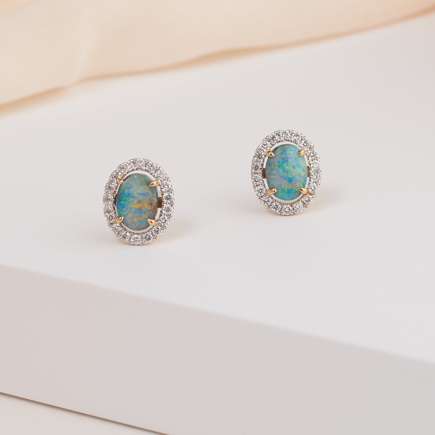 18K Yellow Gold Boulder Opal Diamond Halo Stud Earrings