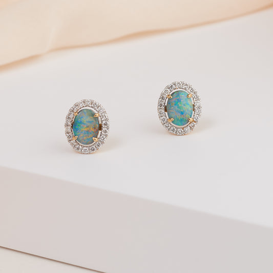 18K Yellow Gold Boulder Opal Diamond Halo Stud Earrings