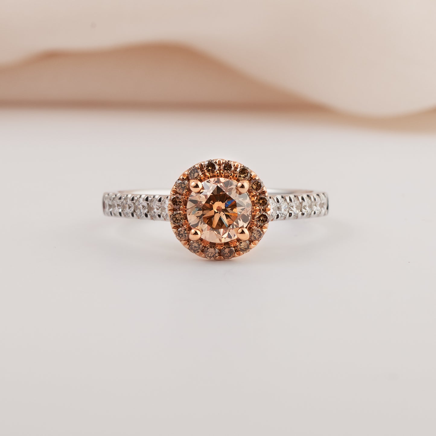 18K White and Rose Gold Champagne Diamond Halo Engagement Ring 1.48tdw