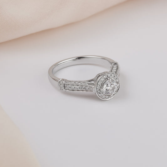 18K White Gold Diamond Halo Antique Style Engagement Ring 1tdw