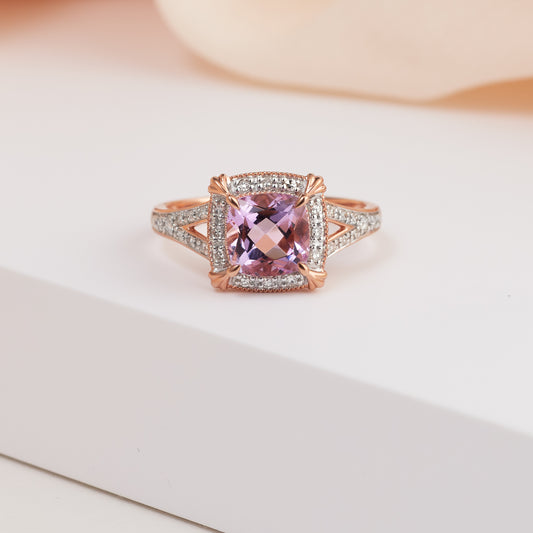 9K Rose Gold Cushion Pink Amethyst Diamond Halo Ring 0.15tdw