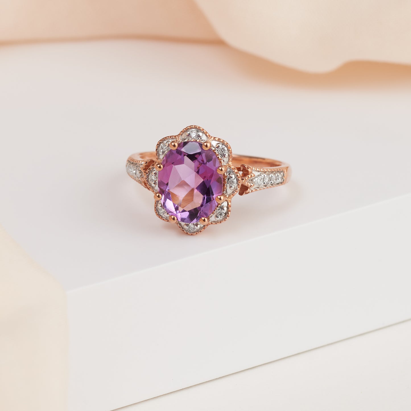 9K Rose Gold 10mm x 8mm Oval Amethyst Diamond Halo Cocktail Ring