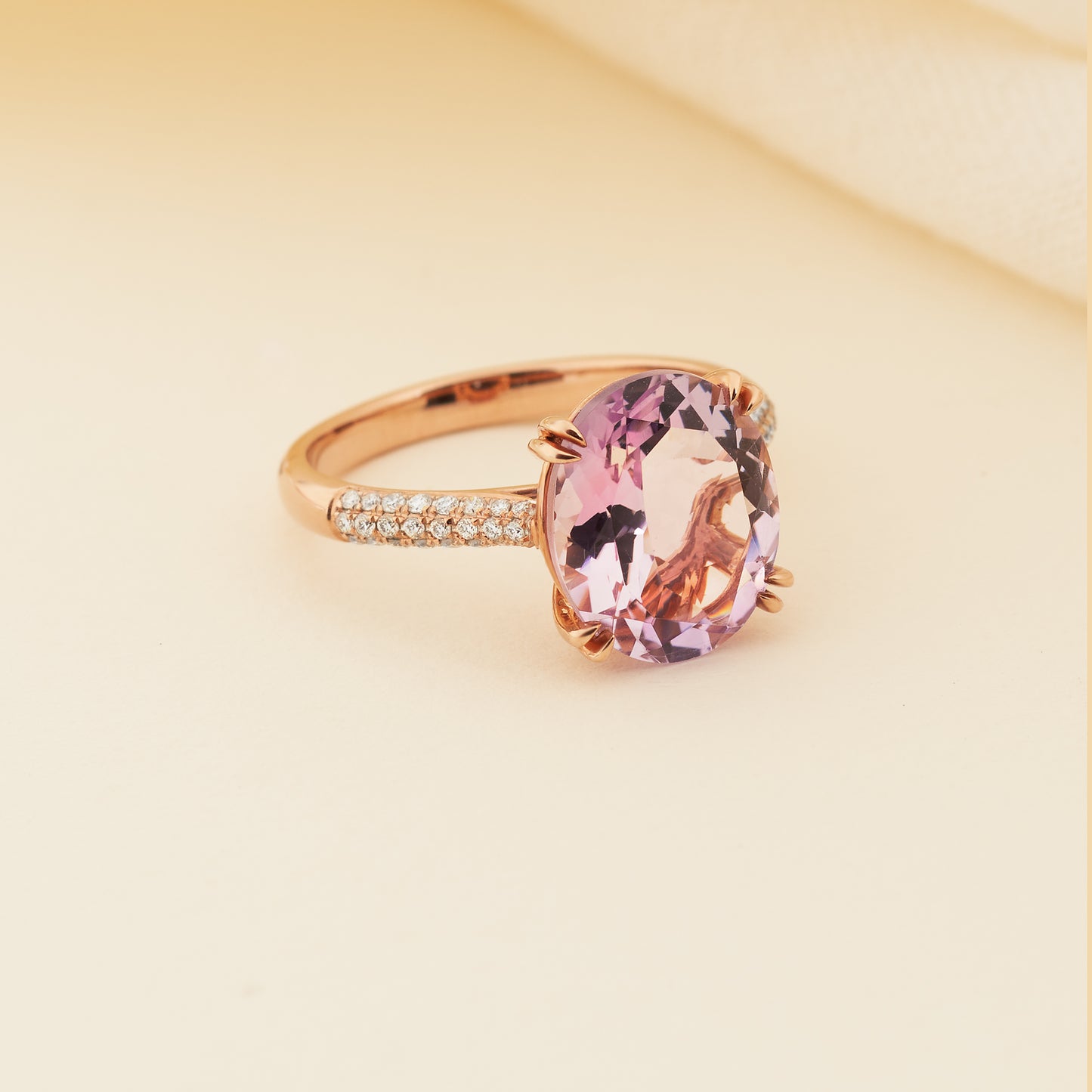 9K Rose Gold 12x10 mm Oval Pink Amethyst Pave Diamond Cocktail Ring