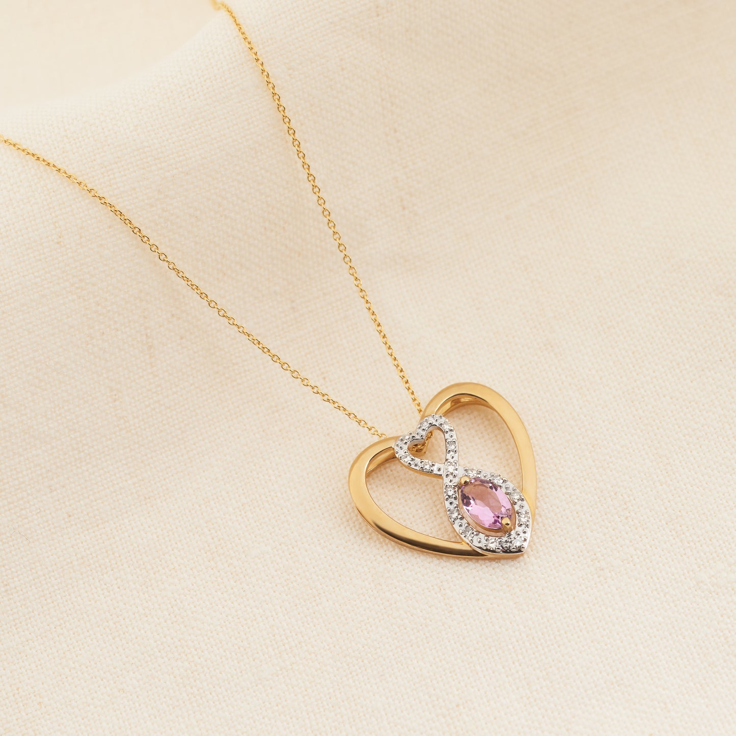9K Yellow Gold Oval Rose Amethyst Infinity Heart Slider Necklace