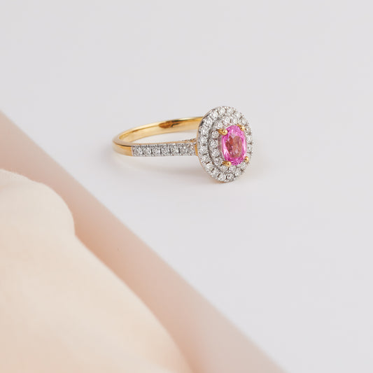 9K Yellow Gold Oval Pink Sapphire Double Halo Dress Ring 0.49tdw