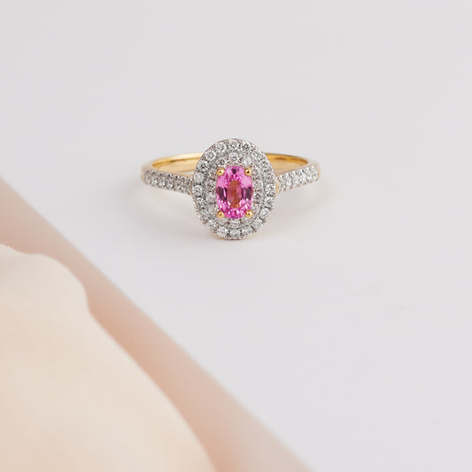 9K Yellow Gold Oval Pink Sapphire Double Halo Dress Ring 0.49tdw