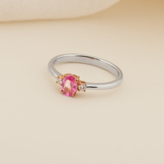 9K White and Rose Gold Oval Pink Sapphire and Diamond Trilogy Ring