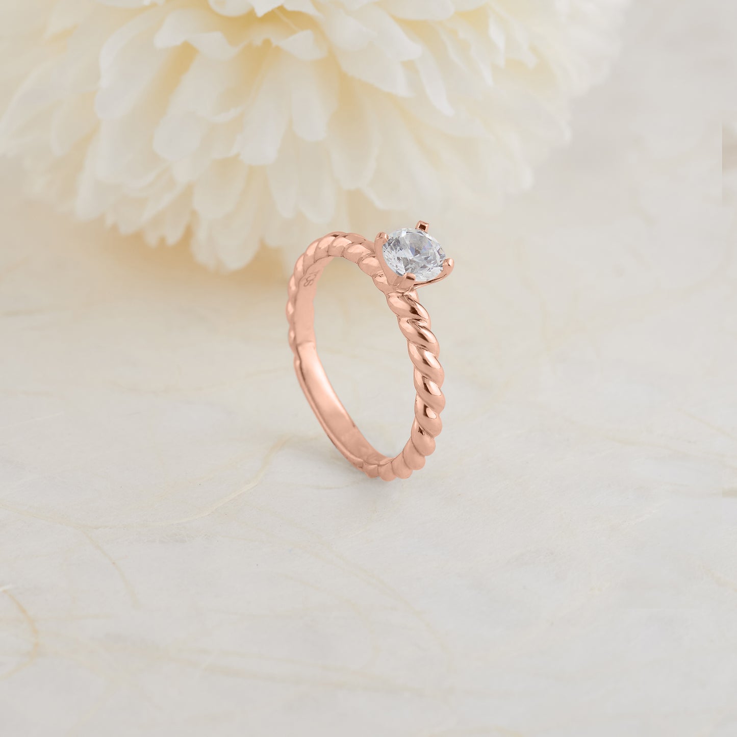 18K Rose Gold Round Brilliant Diamond Solitaire Rope Twist Engagement Ring 0.5tdw