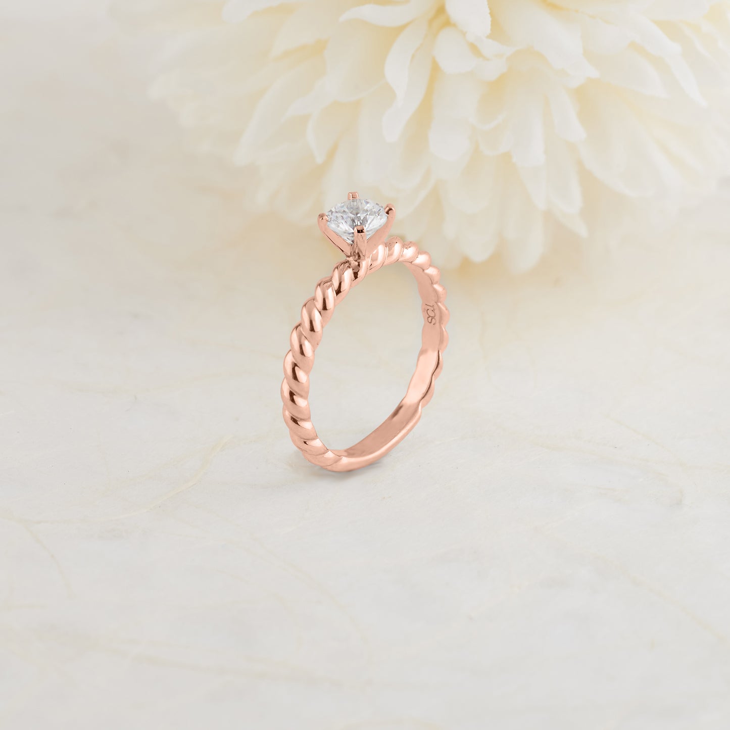 18K Rose Gold Round Brilliant Diamond Solitaire Rope Twist Engagement Ring 0.5tdw
